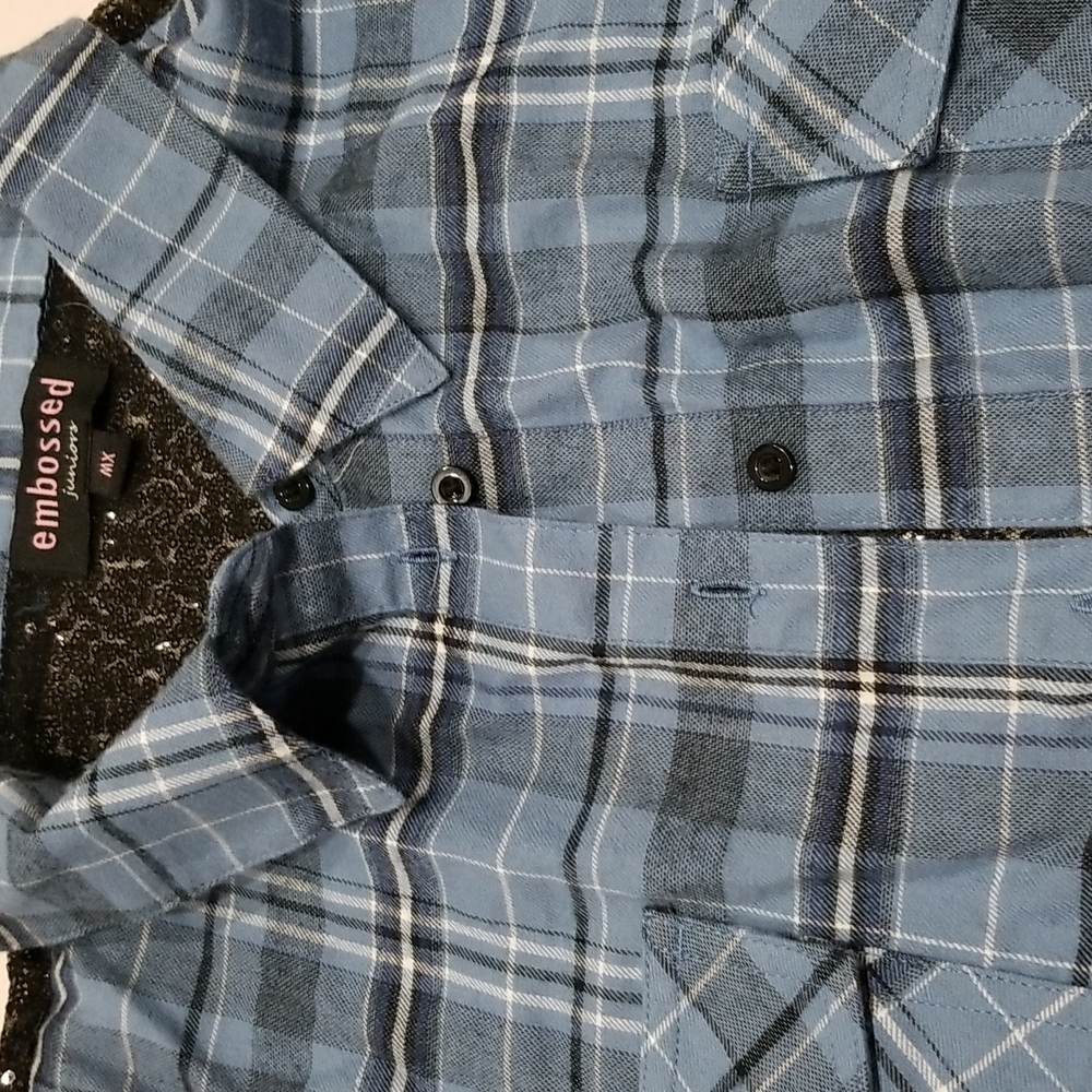 Embossed Sequin Back Checkered Flannel Tunic Shirt - image 4